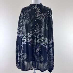 Free People Peacock Blooms Button Up Tunic Top Women Size XS Black Long Sleeve